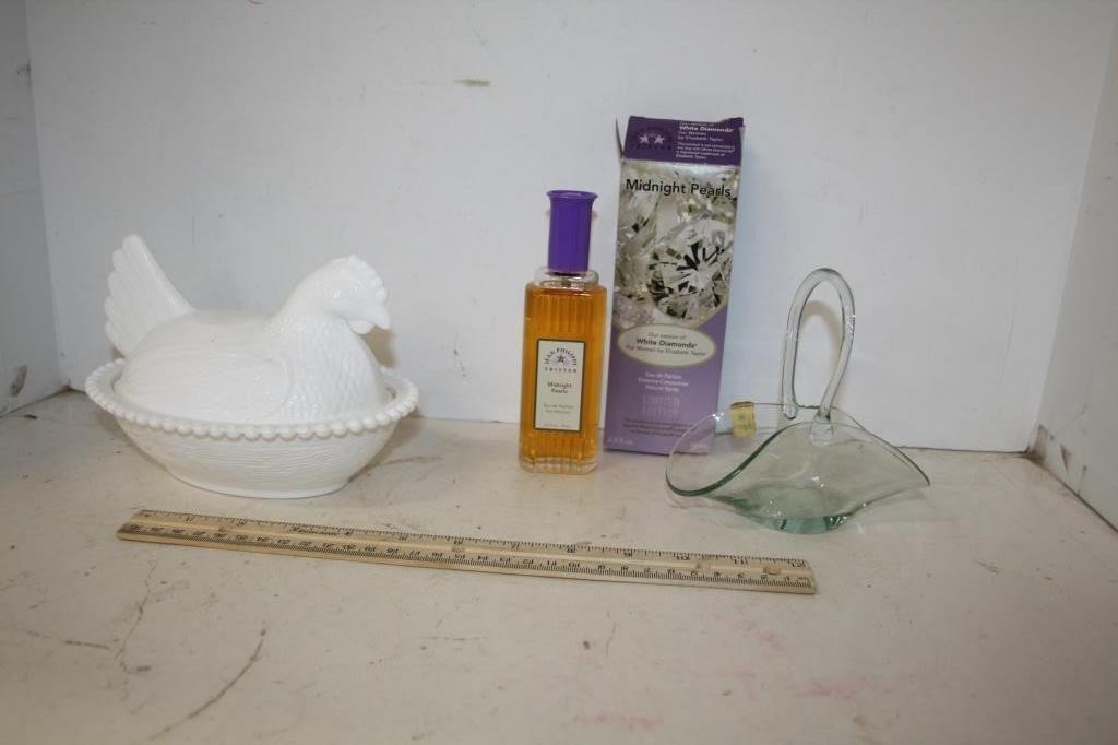 Milk Glass Nesting Chicken, Glass Basket (Spain)