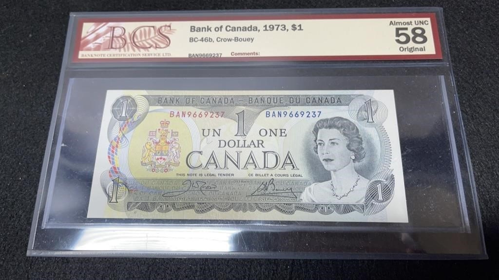 1973 Canadian 1 Dollar Bank Note BCS Graded 58