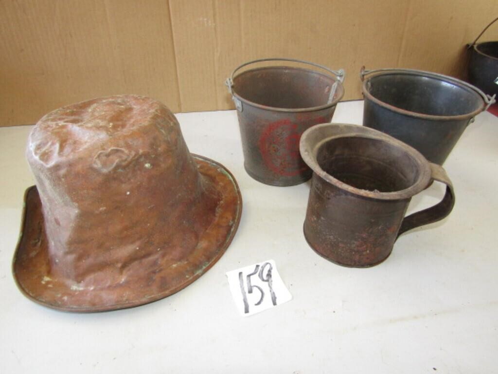 COPPER HAT MOLD , 2 BEER OAILS, HOUSEHOLD PITCHER