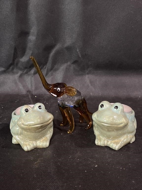 Art Glass Elephant & Frog Tea Light Holders
