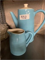 BLUE POTTERY COFFEE POT AND CREAMER