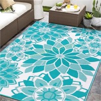 9'x12' Reversible Outdoor Rug  Teal & White