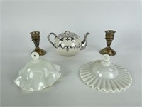 Milk Glass, Smoke Bells & Silver Overlay Tea Pot