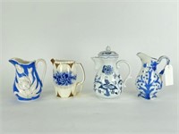 4 Blue Transferware Ceramic Pitchers