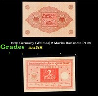 1920 Germany (Weimar) 2 Marks Banknote P# 59 Grade