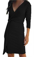 (XL - black) Knit Dress V-Neck Long Sleeve Tie