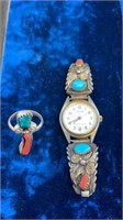 Vintage - turquoise & coral wrist watch & ring