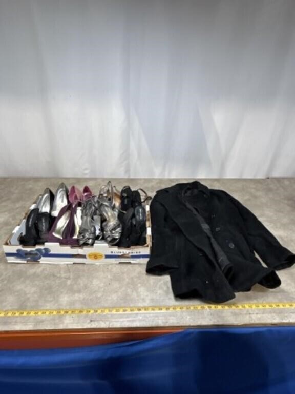 Assortment of high heels and DKNY jacket size 8,
