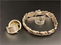Sterling bracelet, ring, earrings 35.88grams