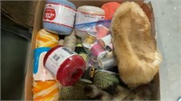 Box of yarn, crochet thread, thread spools, fur