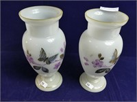 PAIR: HAND PAINTED BUTTERFLY GLASS 9" VASES