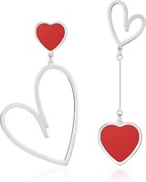Gold-pl. Red Heart Asymmetrical Dangle Earrings
