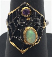 Sterling Spider Ring W Opal & Purple Stone