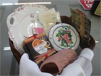 Basket of Misc. Decor - Plate, Post Cards + More
