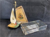 VTG Wooden Shoe Sailboat and Glass Trinket Box