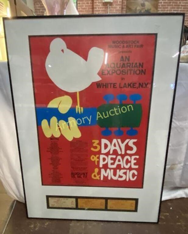 FRAMED WOODSTOCK POSTER AND 3 TICKETS