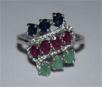 Sterling Silver Ring w/ Emeralds, Rubies, and