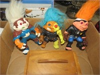 BOX OF VINTAGE TROLLS AND WOOD BOX