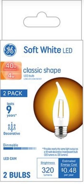 GE 2pk 4w Classic LED Candelabra Bulbs 320 Lumens