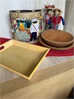 Mexican Bag; Mexican Dolls; Wood Tray; and Bowls