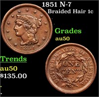 1851 N-7 Braided Hair 1c Grades AU, Almost Unc