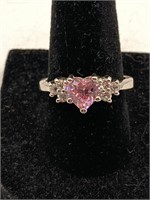 Size 8 Silver Tone Ring With Pink And White Stones