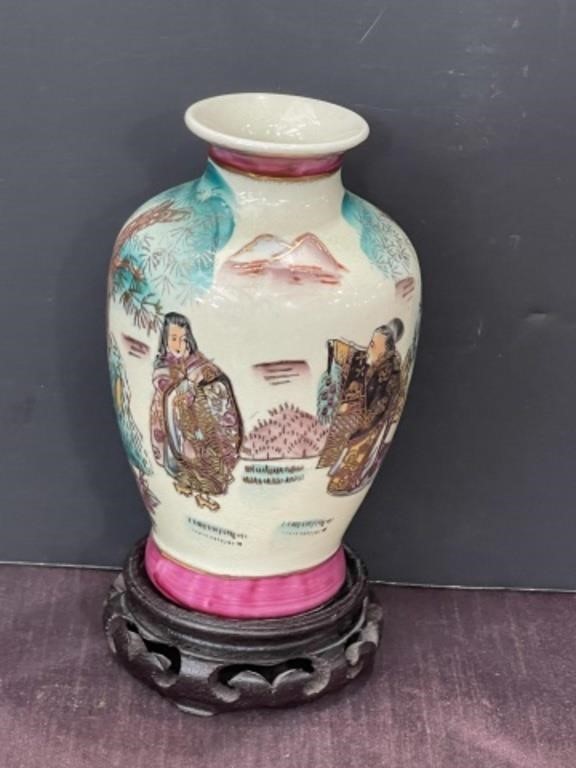 Asian vase with wood stand