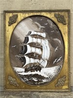 Ship painting on board in antique frame 22”x18”