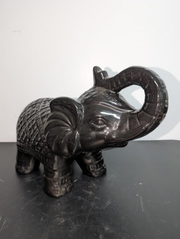 Ceramic Black Smiling Elephant Trunk Up
