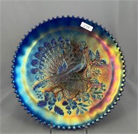 Stippled Peacocks 9" plate w/ribbed back - blue