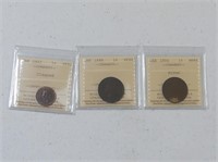 3 GRADED 1896, 1906, 1922 CANADIAN ONE CENT COINS