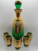 Vintage emerald green glass enameled decanter set