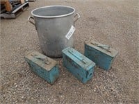 3 Metal ammo boxes in a large aluminum pot