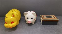 Small Metal Money Box, white piggy bank, and