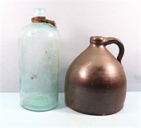 Brown Glazed Stoneware Jug + Bottle