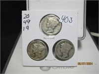 Lot of 3 Mercury Dimes 20,44,19