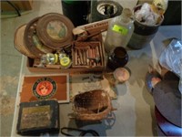 Old clothes pins, cigar boxes, misc