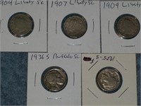 5 Buffalo Nickels: 1904, 1907, 1909, 1935-S, 1936S