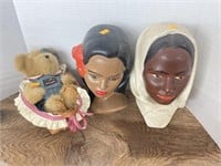 Pottery heads and teddy bare