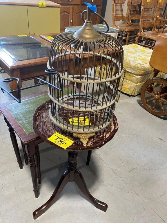 ANTIQUE BRASS BIRDCAGE, WOODEN PLANT STAND, PAIR