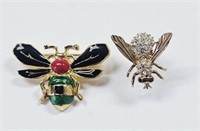 Pair of Gold Tone Enamel & Crystal Bee Pins