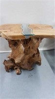 LIVE EDGE TEAK SIDE TABLE WITH GLASS INSERT