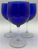 3 Lenox Blue Glass Wine Glasses W/ Clear Stems