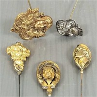 5 figural antique metal hat pins - Art