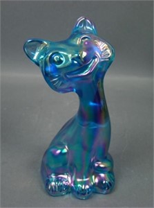 Fenton Blue FAGCA Carnival Glass Happy Cat