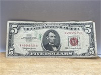 1963 Red Seal $5 Dollar Bill United States Note