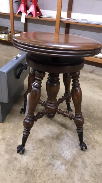 ANTIQUE PIANO STOOL WITH CAST IRON/GLASS FEET