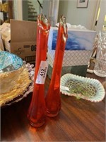 Pr. Of Orange Glass Bud Vases