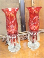 Pair of cranberry shade lamps w/ glass prisms