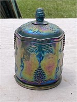 Carnival Glass Grape Indian Blue Biscuit Jar